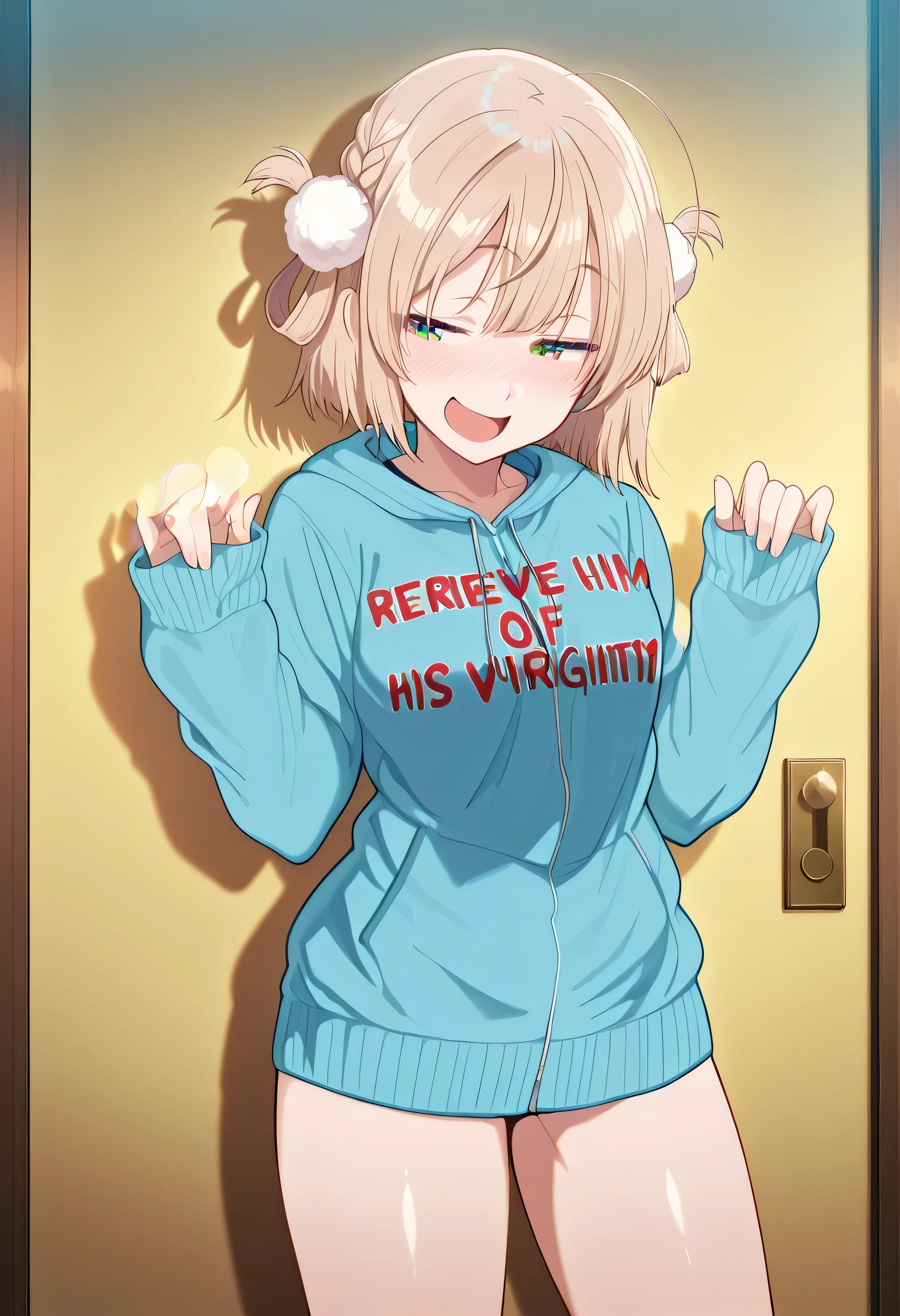 score_9 , score_8_up , score_7_up , source_anime detailed eyes,anime eyes,high detail eyes,multicolored iris,detailed iris,anime style, 4k masterpiece, best quality, girl, beautiful face, clean skin, shiny hair, shiny skin, beautiful face, perfect eyes, 4k high quality eyes, high quality brightness, best quality, 4k very aesthetic, absurd, perfect body quality, beautiful curves, perfect, perfect genitals, beautiful ambient light, beautiful aesthetics, very realistic scenery, 4k high quality, masterpiece, best quality, absurd, latest, high resolution, official art, best quality, absurd, latest, high resolution, official art, screenshot, anime screenshot, anime coloring, 1girl shigure ui \(vtuber\), virtual youtuber, light brown hair, short hair, french braid, hair rings, green eyes, large breasts, <lora:aoi-tiduru-step-up-illustriousxl-lora-nochekaiser:1>, aoi tiduru step up, relieve him of his virginity, relieve him of his virginity, solo, blush, smile, open mouth, hood, english text, sleeves past wrists, hoodie, bottomless, clothes writing, smug, looking to the side, hands up,