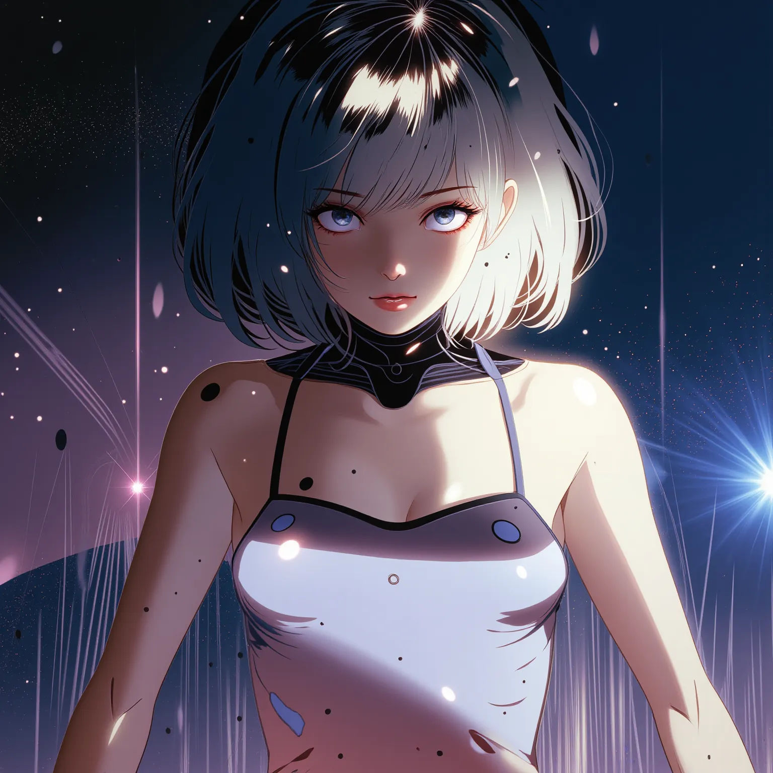 anime woman with starry eyes and perfect body and black fit