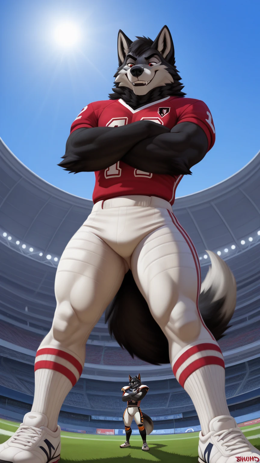 obstagoon, full body,score_9, score_8_up, score_7_up, score_6_up, score_5_up, score_4_up,((obstagoon(pokemon),male furry)), red eyes, (pose:1.3), (posing:1.3), (soft shading), 4k, hi res, five fingers, detailed hands, ((detailed face, (detailed eyes:1.3), detailed)), (((full body))),show legs,show feet,(by metokuron:1.5), solo, looking at viewer, 1boy, standing, male focus,((topless,bottomless)), abs, biceps, flexing, smile,