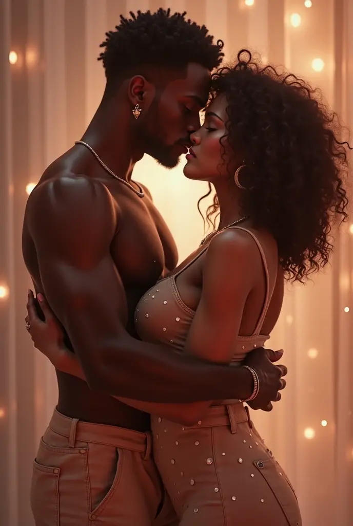 photorealistic, African American couple, kissing, beautiful, dark skin, sexy, (Best quality, 8k, 32k, Masterpiece, UHD), no bra, no shirt, naked, 32K wallpaper, romantic background, big ass, voluptuous, thick body figure, big lips, glowing skin, nighttime, candles and roses around, sweaty, dripping wet, passion, affectionate, hearts floating everywhere