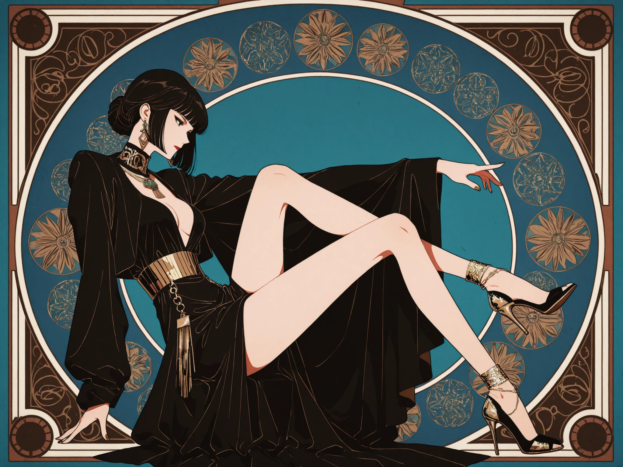 masterpiece, best quality, high heels, long legs, Art Deco style, elegant, geometric patterns, 1920s fashion, glamorous, metallic accents, high contrast, sophisticated, ultra detailed, 8k gradient colors. gold black and blue