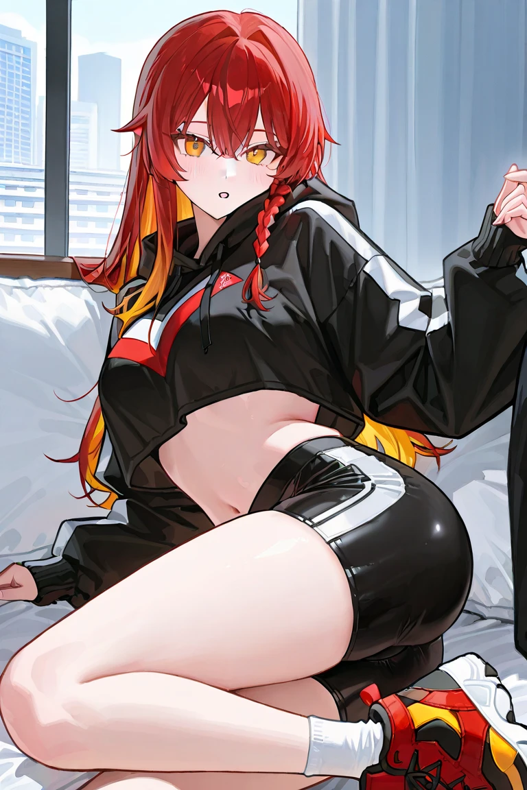 Kimetsu no yaiba, woman with long copper hair and bangs, lying in wet underwear