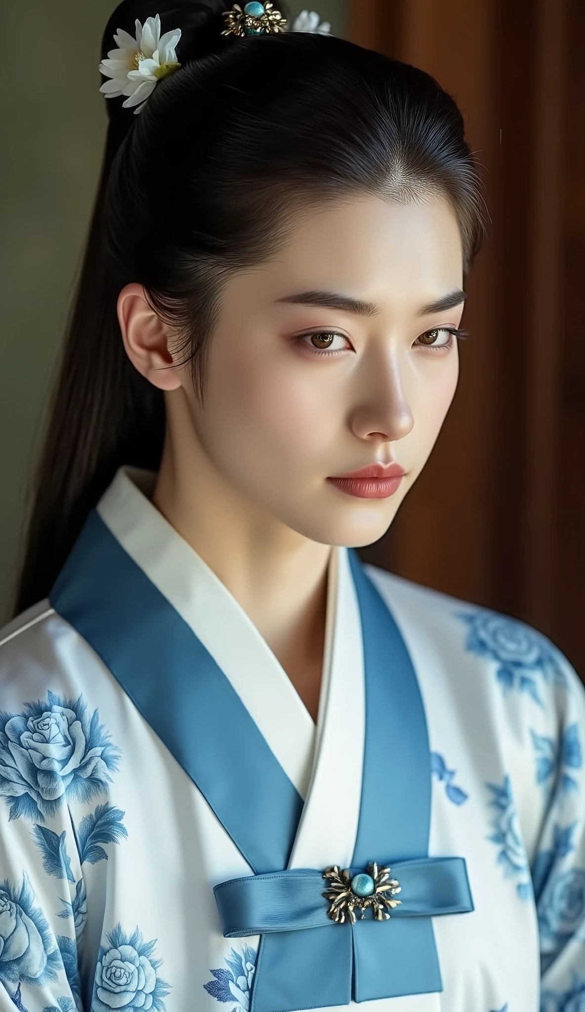 To a young man from North China and Southeast Korea, 22 years old, of the Chinese imperial era, an undeniably attractive young nobleman, dressed in elegant tunics ornamented in sky blue, white and printed with blue roses, of the Chinese imperial era. arrogant and distant , of cold beauty, bony and with a sharp profile, with thin lips that curl into a warm smile, emotional and enchanting, that adds to the cruelty. Although his eyes are bright and half hidden, Zhou Zishu's gaze can be disconcerting. Stefan described his skin like that of a magnolia flower, a swan or an alabaster: clara, perfect and translucent. In fact, his skin is so light that doesn't tan easily, sharp features, has a small and narrow face, compared to that of a fox, with high cheekbones with dimples, a rounded forehead, a straight, delicate nose like that of a cherub, intense chocolate brown fox eyes and thin lips, thick eyelashes, Her long dark brown hair, seeds, half a ponytail with collection two Chinese hairpins and their texture is silky and soft, wears a captivating smile, is tall and muscular and had a slightly thin frame, inside the opulent Chinese mansion of the Clan, in a soft, high-resolution cinematic portrait of head and shoulders, , combining Hiroshi Sugimoto's disturbing stillness, pieces the dramatic lighting of Gregory Crewdson and the ultra-detailed realism of Annie Leibovitza,