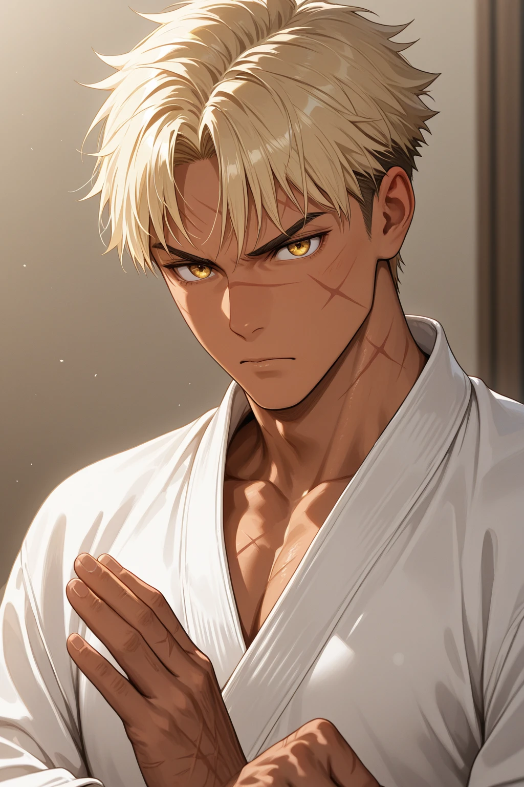 1boy, masculine , blond hair, fighter, shirtless, fushiguro toji clothes, dojo , looking at the viewer