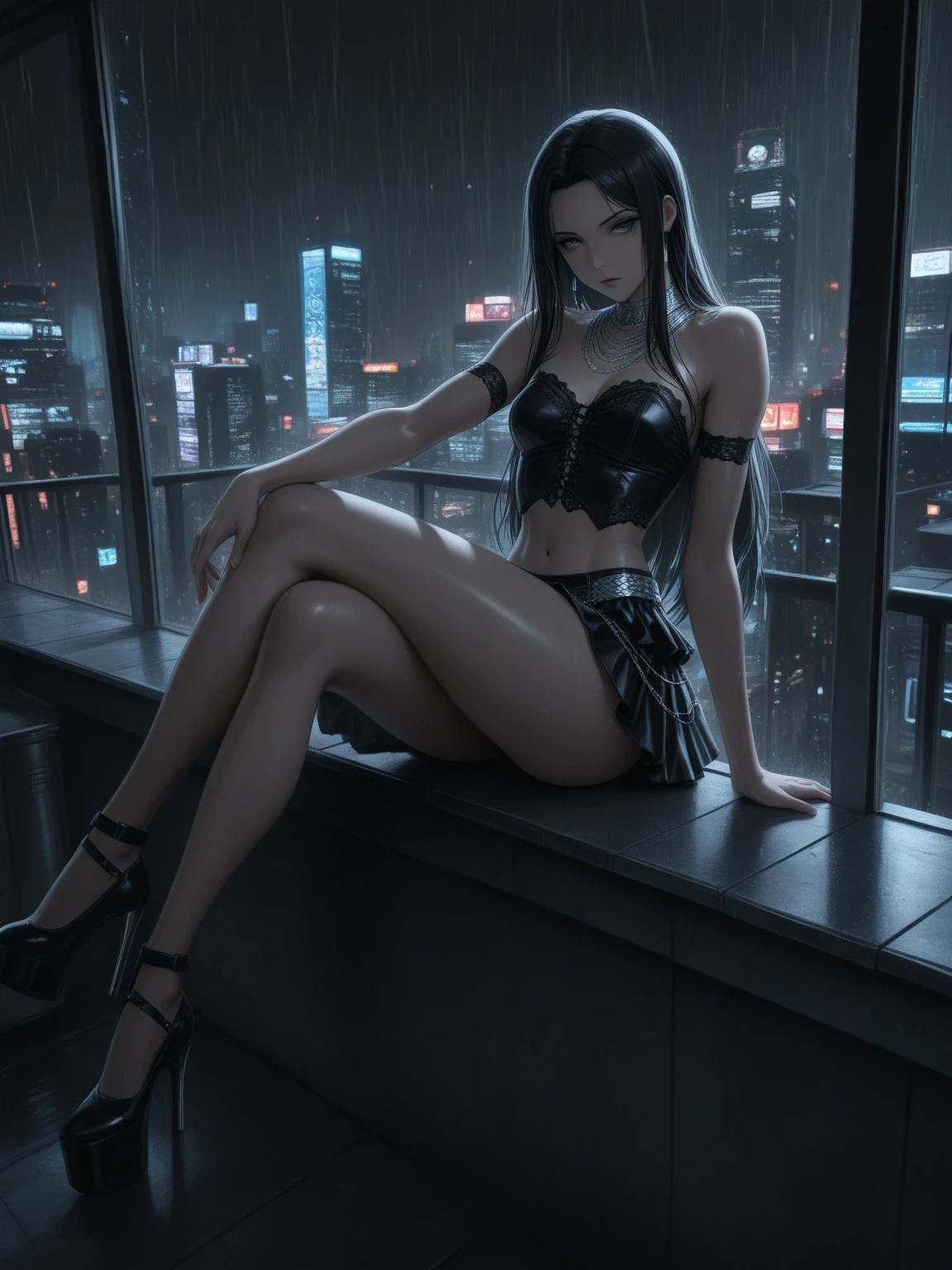 Beautiful slim sexy woman in underwears, sitted on a window's edge, looking outside at a night and rainy night on a cyberpunk tokyo style city, studio ghibli style