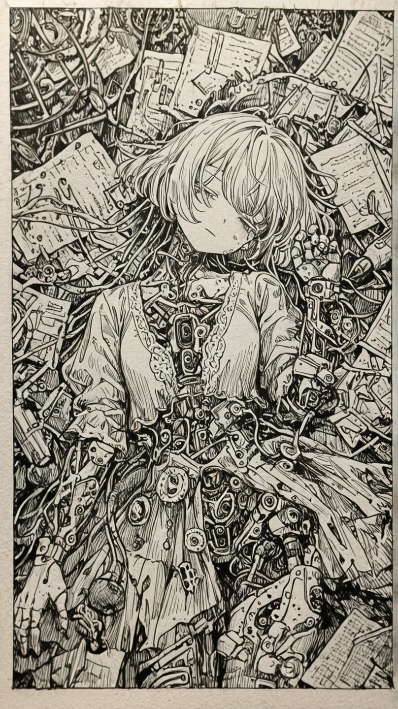 A black and white drawing,The painting shows a short-haired boy turning slightly to the left and looking back.,,Messy hairstyle,But no decoration,The eyes are cold and blank ,Lean but muscular, his back is exposed,The electron tube is exposed.,What is stuck in the skin is the tentacles of style,Embedded boy's spine digital line art, Futuristic Iron Man, Wrapped in wires and leads, Boy with complicated and messy wires in the background, Strong line art, He has a lot of wires attached to him., Strong black line art, Cypherpunk fashion illustration, Silhouette Art,