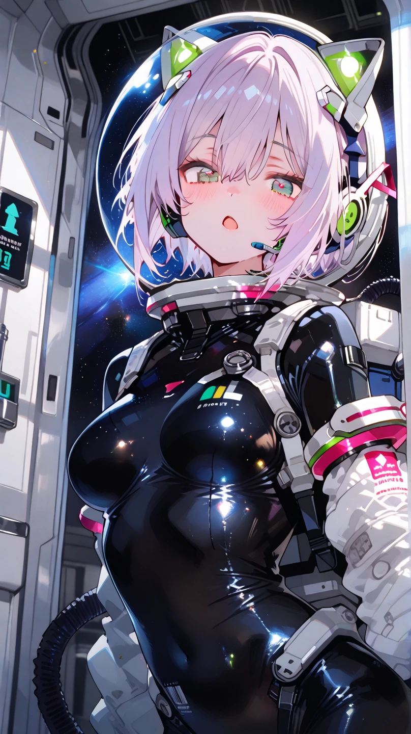 very detailed、masterpiece、high quality、one high school girl、12 years old、Loli、(white and pink space suit)、front zipper、(Futuristic, Tight Fit Bodysuit)、headphone、Cyberpunk space station interior background、(colorful pink hair),ロングtwin tails, (pink eyes), change,twin tails,sassy change,cheey change,mesugaki,girl,天才girl、(big breast):1.0,(blush):1.1、halo、