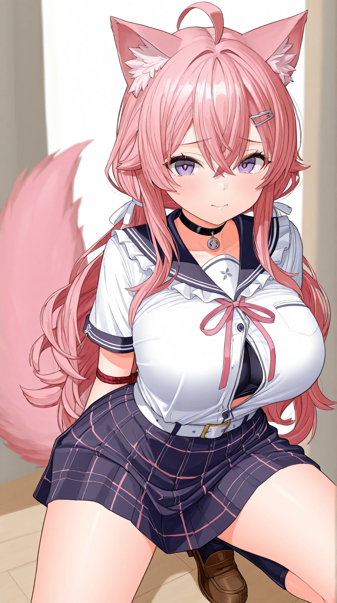 highly detailed, realistic, score_9, score_8_up, score_7_up, score_6_up, anime screenshot, 1girl, solo, high quality and perfect face, looking at viewer, huge breasts, huge hips, wide hips thick thighs, huge thighs, zzcloaa,dark skin ,pink hair,long hair,ponytail,pleated skirt, stomach tattoo, white dog tail,chloe von einzbern , Fate/kaleid liner