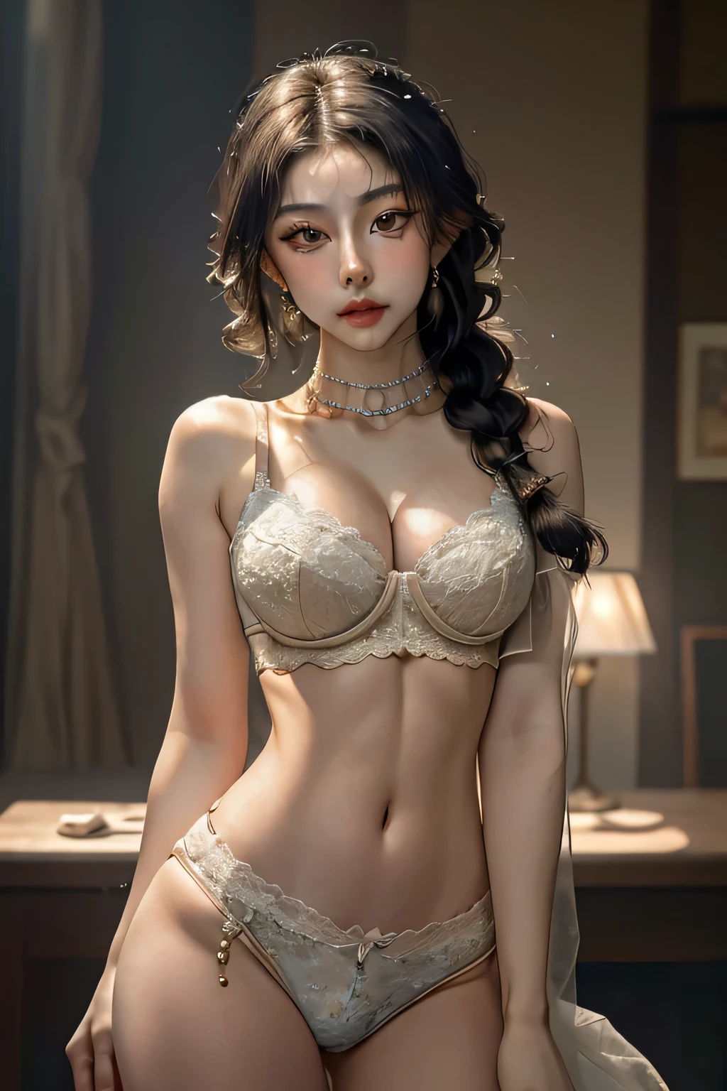 ((best qualtiy)), ((tmasterpiece)), (detail:1.4), Beautiful cyberpunk female images,hdr(HighDynamicRange),Ray traching,NVIDIA RTX,Hyper-Resolution,illusory 5,sub surface scattering,PBR textures,post-proces,Anisotropy Filtering,depth of fieldaximum definition and sharpnesany-Layer Textures,Albedo e mapas Speculares,Surface coloring,Mitsu-Accurate simulation of material interactions,perfectly proportioned,rendering by octane,Two-colored light,largeaperture,Low ISO,White balance,Rule three points、16K raw data、Beautiful bright blue pupils,off-the-shoulder clothes,Fine pupils,Delicate face and eyes,Blushlush,Delicate and fluffy hair,pink lip,Pure,Cute face,Sweet girl,Artistic sense,Casual wear,Advancedsense,butterflys,Cherry blossom petal,Beautiful hair accessories,Long hair and waist,Hair fluttering in the wind,curlies,Positive light,The light from the back window is backlighted,Are thin,Slim figure,Shoulders exposed skin,The belly button and the surrounding area are exposed skin.,Small breasts,Small breasts,Flat Chest,Small Bust,Small waist,Small hips,Thin legs,Don't push your butt backwards,Turn your whole body forward,Stand and pose so that your belly button is visible,17 year old Korean beauty,Being in a student-like place,The outfit has a light pink color,The costume is made of thin pieces of cotton fabric.,The underwear is a light pink string bikini top and bottom,The hair is light brown in color,The pelvis is narrow,The butt is very small,The legs are very thin,No makeup,no makeup,no lips,Don't wear lipstick,The face is bare,She's naturally beautiful even without makeup,A face that gives a youthful impression for his age,don't show your butt,Turn your belly,