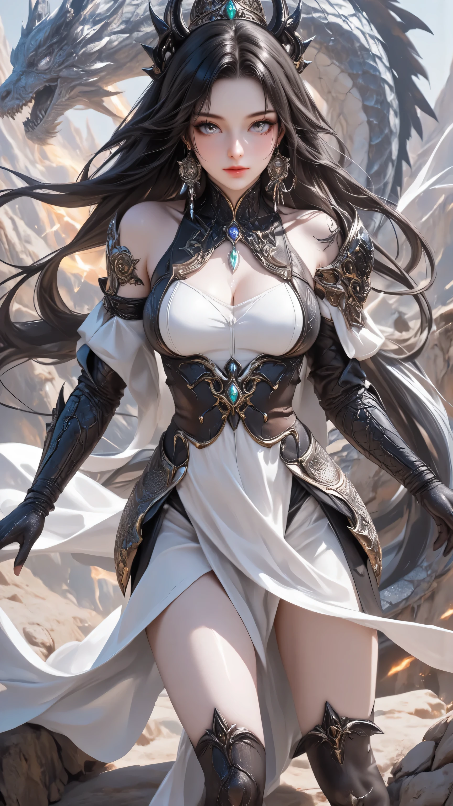 (8k, best quality, masterpiece:1.2),\(Eye details\),\(Facial features details\),(\(Clothes details details\)\),(Facial highlights) ,Very detailed CG unity 8k wallpaper,Huge file size,Ultra Detailed,high resolution,absurd,beautiful eyes,Ray Tracing,Dramatic shadows,Fine details,Dramatic angle,superdetailing,(1girl:1.3),(solo),full body,black hair,black pupils,Soft and shiny black waist-length hair,27 years old,(Glowing Engraved Wristbands:1.2),(Silver metal waistband:1.25),Ancient costume fairy spirit elegant ancient style white cool series wide sleeves fairy dress women,tall body,huge breasts,slim waist.(There are fantasy and dazzling jewelry on the clothes:1.3)+(Legendary equipment in MMORPG:1.35)