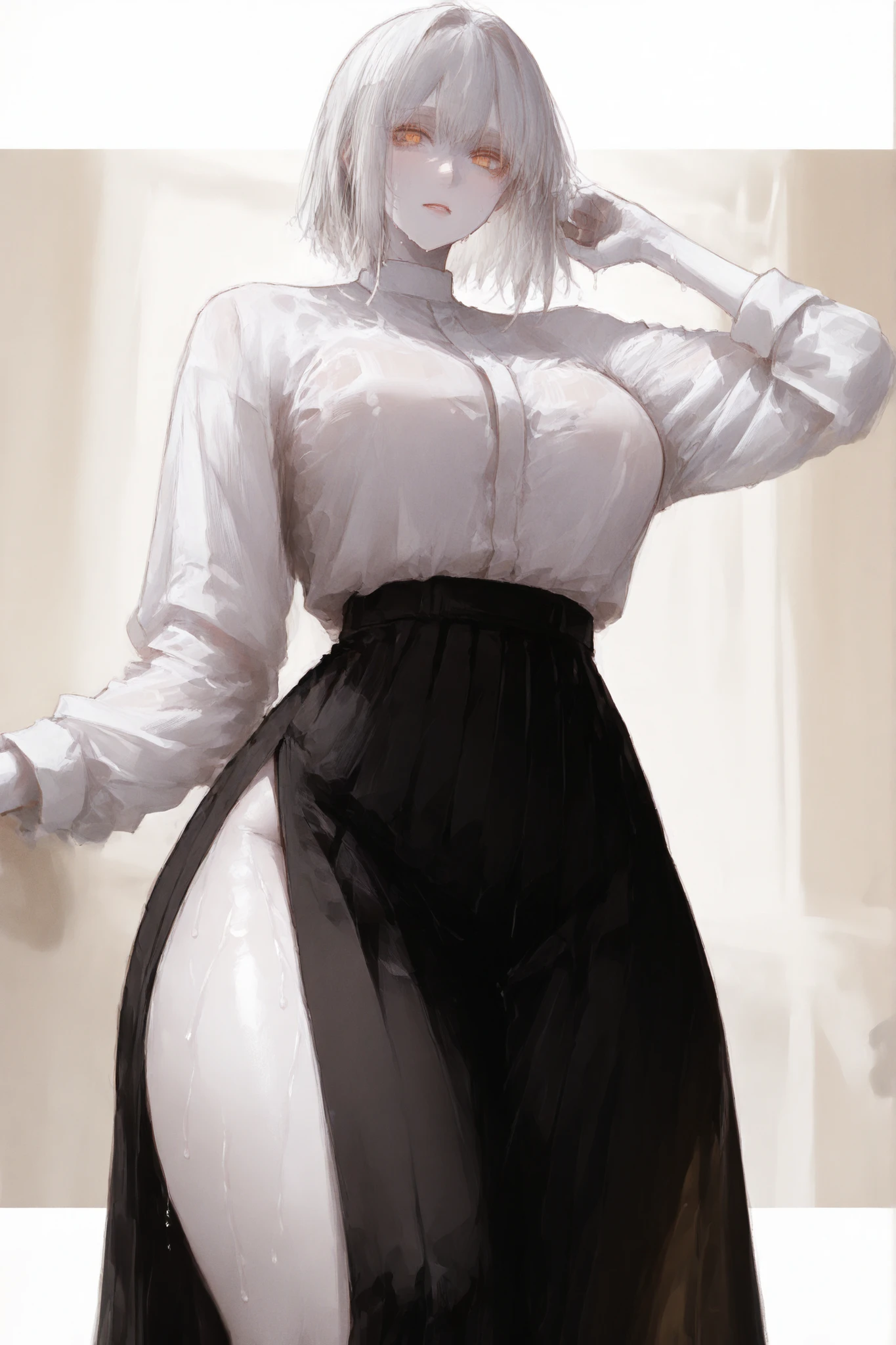 long skirt Blanca, white shirt, and white skin, golden eyes, white hair, thick thighs, clothes disappear soaked in sweat