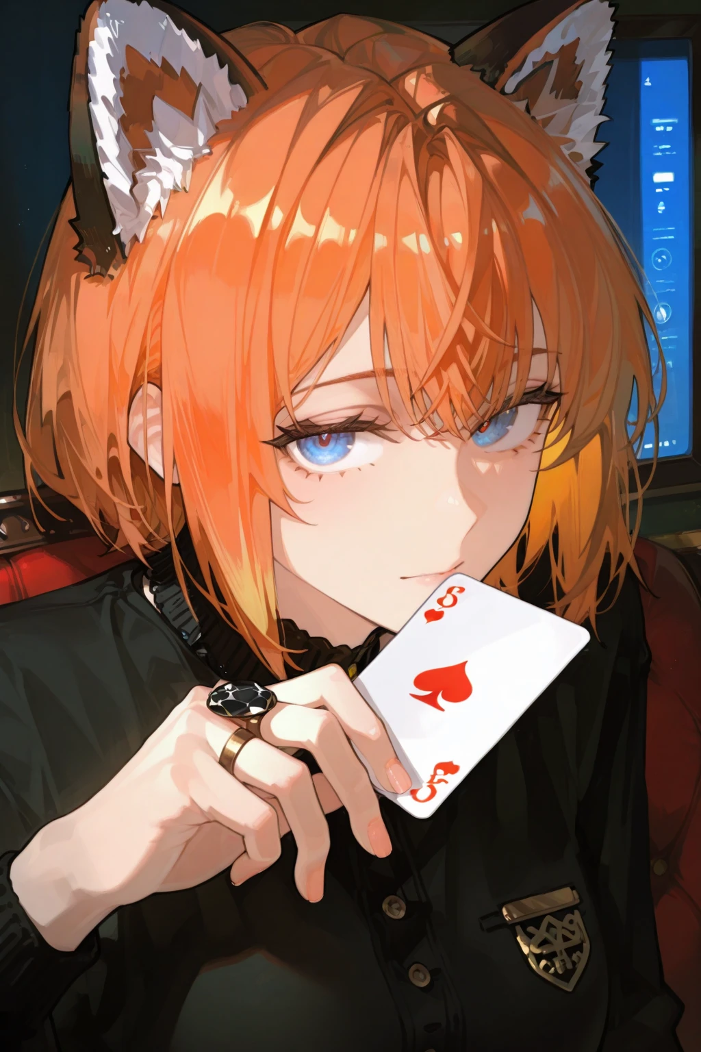 ((best quality)), ((masterpiece)), absurdres, extremely detailed, gloomy atmosphere, indoors, casino, poker table, poker chips,  8k, wide angle, 1girl, from front, throwing cards,  (mature female:1.2), gigantic breasts, open clothes, nipple slip, red hair, red eyes, smile, smug, smirk, teasing   <lora:kunaboto 2:1>