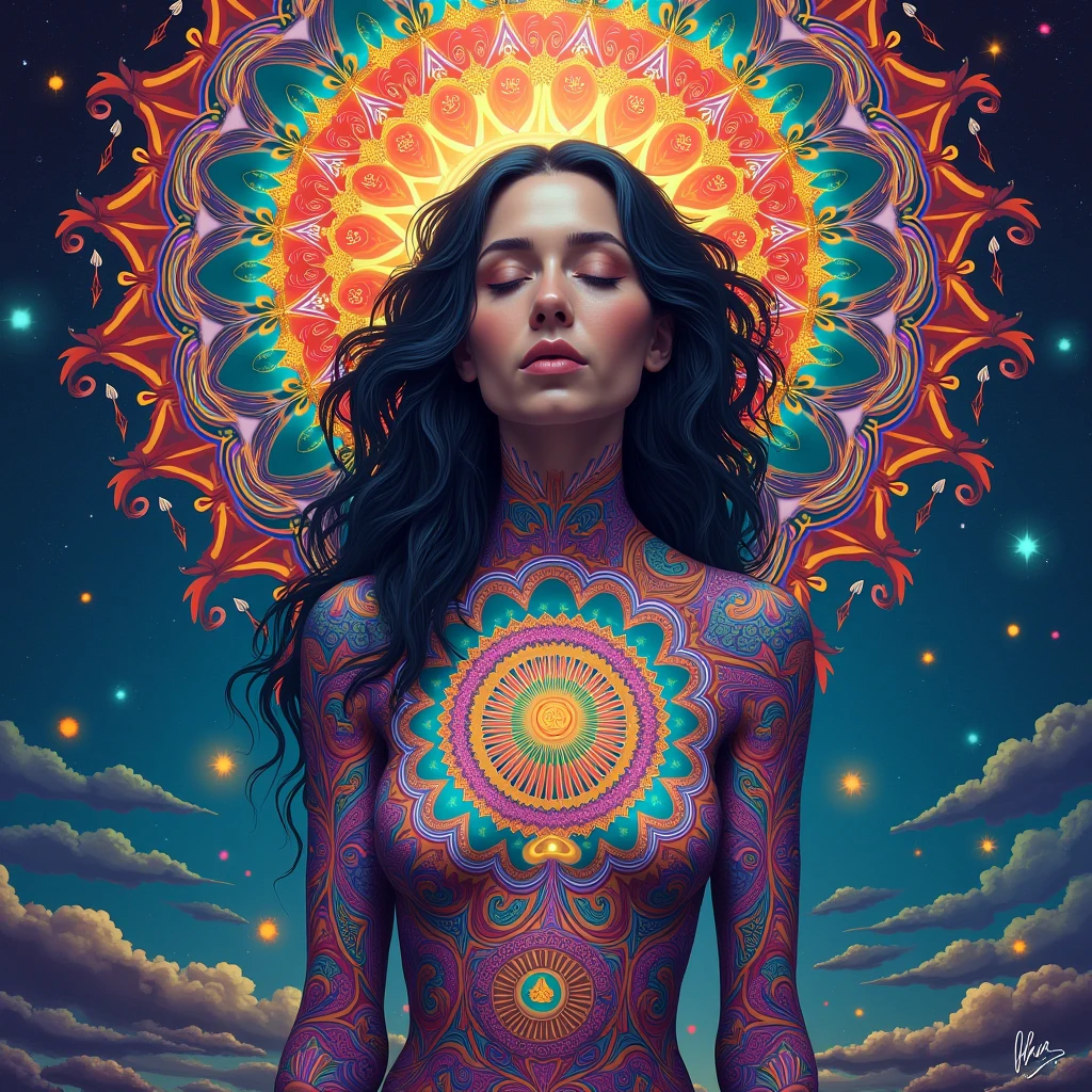 woman over 22 years of age, with perfect oval breasts, wearing sunglasses, tight leather straps on the thighs, cinematic, 4k ultra, beautiful face, ((full body)), detailed, perfect fingers, beautiful woman: 1.3, beautiful face with good sharpness, full body, saturated colors, psychedelic image, LSD, mandala, fractral, costume, tattoo, painted body, art similar to the art of Alex Grey, a lot of color saturation, vortex, planet earth, galaxy, with lots of lighting, shading and contrast, eyes well centered and with contrast, 3D depth, no clothes, only 2 arms with 5 fingers on each hand, only 2 feet with 5 toes on each foot, can not have hands or feet that are not part of the body --auto --s2