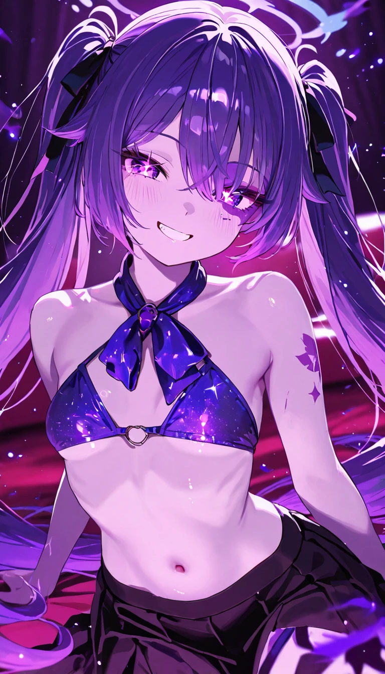 cowboy shot, masterpiece,Splash color, (cocktail glass), 1girl, solo, short tiny young, cat ears, multicolored hair, ((gradient hair), black+(blue)+(purple:0.5) hair//), very long hair, messy hair, bangs, ahoge, ((gradient eyes), pink+light_blue eyes//), slit pupils, glowing eyes, 1fang, high heels, whip, very short strapless dress, exposed stomach, starry background, smile