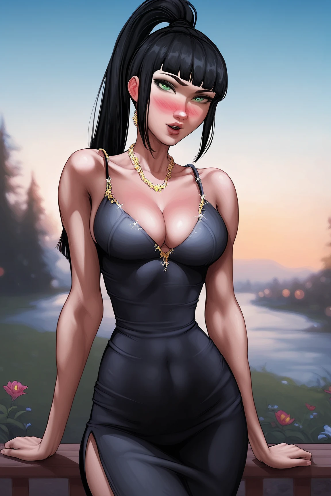 score_9, score_8_up, score_8,
viola, ponytail hair, heterochromia eyes, left eye red, blue eye blue, 1girl, solo, blue eyes, heterochromia, ponytail, red eyes, black hair, lips
cute, smile, mature,
black dress, choker, garter belt and stockings,
outside, spring, amazing background, sky, clouds, sunset,