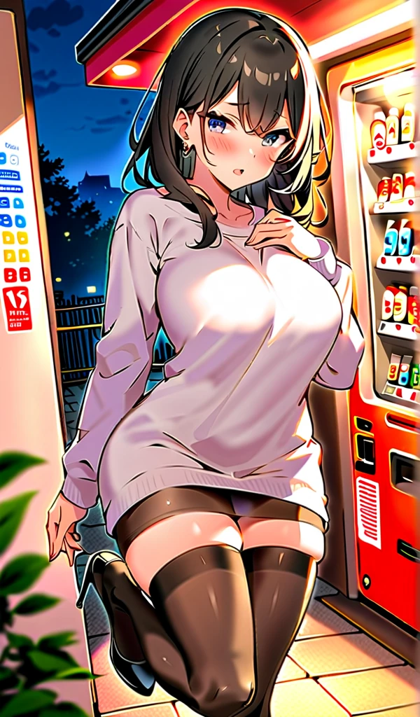 {Highest quality}, {so beautiful}, {Very detailed}, {Best illustrations}, Browsing Caution, Realistic, masterpiece, Highest quality, (Beautiful Eyes), 1 high school girl, Medium sized breasts, Sweat, night, Outdoor, Vibrant restaurant, Micro Bikini, ひものみのMicro Bikini, Grin, Wet Face, Wet body, Long Hair, Earrings, White apron, Puff short sleeves, Small tray, Central opening, 、Camel Toe, Great tit, Nipple puffs, Cleavage, plump,