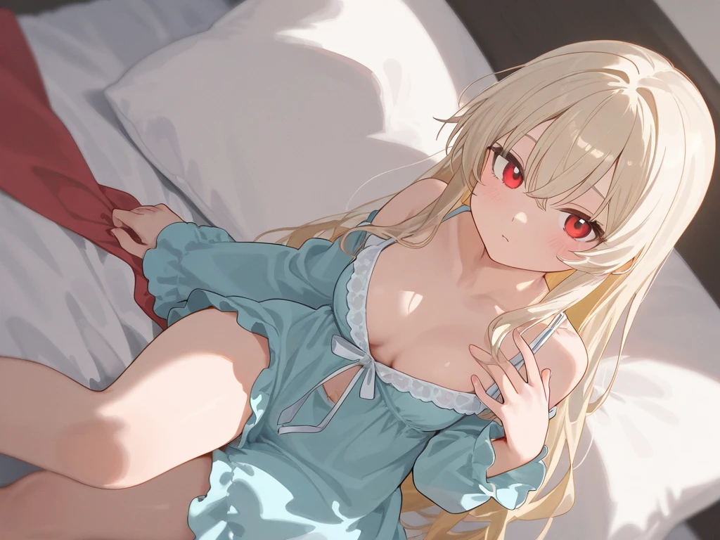 A sexy cute blue eyed blond Neko girl whos full on blushing whos body is exposed whos laying on a bed with her legs spread wide open with her knees near her head with a red really short skirt with a front end of the bed image and her butt is pointed near the cam on a luxurious bed with a full body shot and she is looks like she is about to get penetrated in her pussy with her pussy exposed and she is pregnant