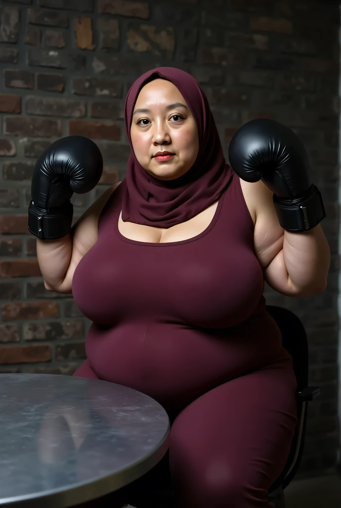 (gloomy face expression), (The stitching is very neat), very old lady Wearing Hijab perfectly , wearing Scoop Neck Sleeveless maroon Bodysuits G-String Thongs sinlet swimsuit , (KEDUA BELAH TANGAN DI ANGKAT LURUS KE ARAH ATAS SAMBIL MEMAKAI BOXING GLOVES) PLEASE DON'T PUT ANYTHING ROPE!!! (Nike air force 1 sneakers)
BBW HIJAB INDO MALAY Jumbo (Singlet ), 1 girl, MOODY FACE EXPRESSION , Half body portrait, (face details: 1), (Eye details: 1), ((Big breasts)). Cute posed. proportional body. ultra high res. realistic: 1.4, UHD, ((bigger:2.3)), (((dark background))), Background worn old brick wall , arms Bodybuilder Auntie, Sitting on a round table stainless steel, Death kick