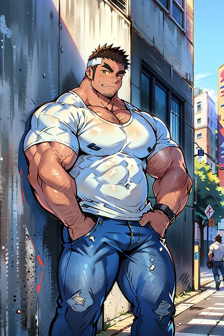 Thin build man and muscular build man having sex in an alley