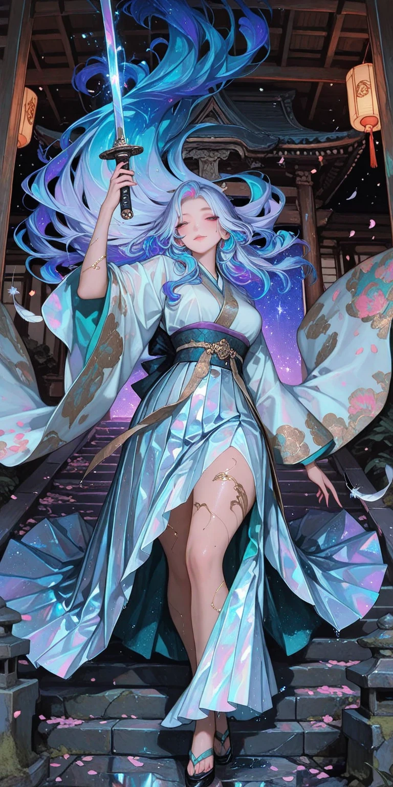 an anime-style female character named Ayame Tsukino. She is  with long, flowing silver hair that reaches her waist, accented by soft lavender highlights that shimmer in the light. Her eyes are a bright, piercing violet, giving her an ethereal and captivating presence. Ayame has a petite and graceful build, standing at about 5'4". Her attire is a traditional kimono with a modern twist, featuring a dark purple color with intricate silver patterns resembling cherry blossoms. She wears a sash with a crescent moon emblem at her waist and carries a small, ornate fan.

Ayame exudes calmness and composure, with a gentle demeanor that belies her strong will and unwavering determination. She has a soothing presence and is known for her wisdom beyond her years. Despite her delicate appearance, she is fiercely protective of her loved ones and deeply compassionate. Ayame is the heir to an ancient clan that has safeguarded sacred artifacts for generations. She is highly skilled in traditional arts and has a deep connection to the spiritual realm. Now, she embarks on a journey to understand and control a hidden power within herself, all while upholding her family’s legacy.