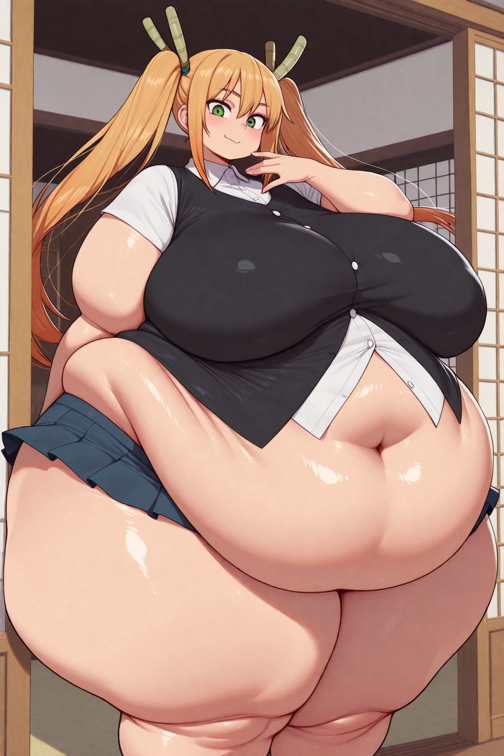 (Super Pochaco:1.5), plump blonde with thick thighs and huge breasts, chubby, thick, orange eyes, short pigtails, headphones, accidently showing up skirt, embarrassed, blushing, nsfw