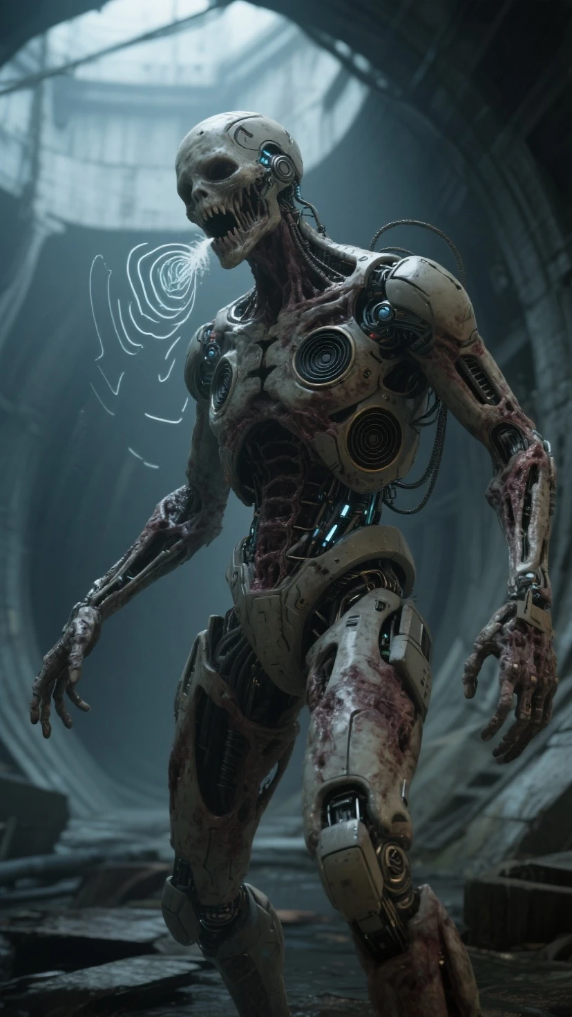 ((best quality)), ((masterpiece)), (detailed), an alien creature, humanoid, gigeresque, pale, milk-white skin, translucent skin, smooth skin texture like a dolphin, no hair, round head, (bulbous head), (xenomorph head), (no eyes), (smooth face), (bright gums) like a shark's mouth, (a long tongue, like an elephant trunk, coming out of the mouth with a squid-like beak at the tip), (protrusions along a skeletal ridged back), (breathing holes on the chest), a tail that splits into three tentacles, long skinny arms that it walks on, where the legs would be is another set of arms that are used for grabbing, H R Giger, Clive Barker's The Thing, xenomorph, necromorph, predator, Engineer, sci fi horror, cosmic horror