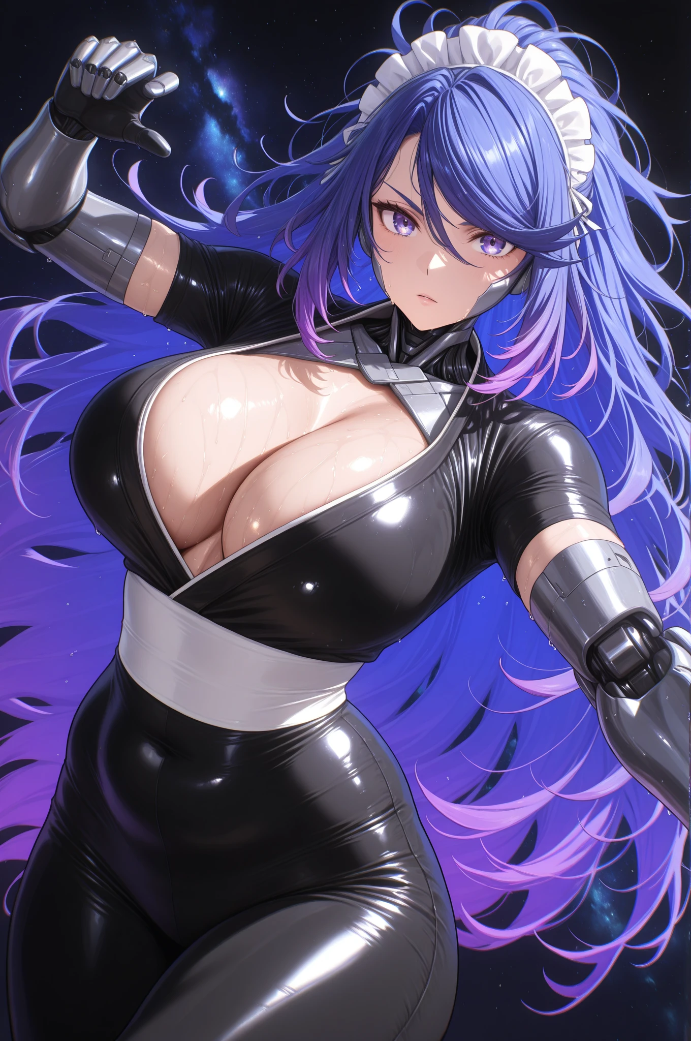 SFW, ((black grey skin Drow)), (gigantic breasts), firm breasts , tall girl, slim waist, curvy figure, arms behind back, (((purple_hair, long_pigtails))), ((red_eyes)), ((unzipped devil latex suit, cleavage ))