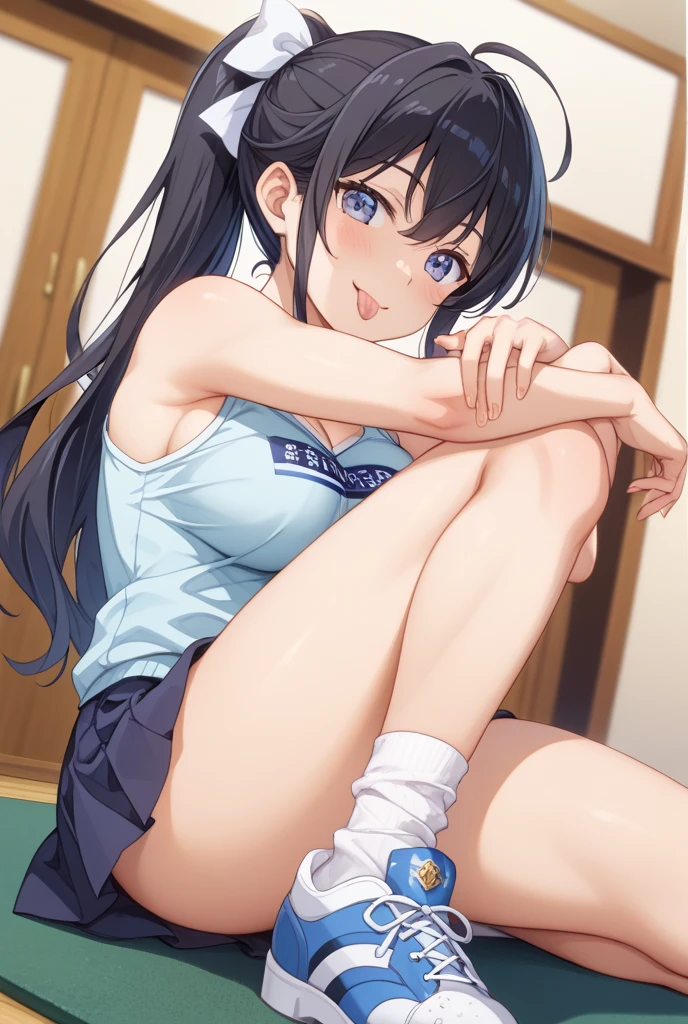 (masterpiece:1.2, highest quality), (Realistic, photoRealistic:1.4), Beautiful illustrations, (Natural Side Lighting, Cinema Lighting), Browsing Caution,
View your viewers, Cowboy Shot, Front view:0.6, 1 girl, Japanese, 16 years old, high school girl, Perfect Face, Cute and symmetrical face, Shiny skin,
(Long Hair:1.8, Straight hair:1.7, Ground hair), Asymmetrical bangs, blue eyes, (Large Breasts:1.1, Thick thighs),
Beautiful Hair, Beautiful Face, Beautiful fine details, Beautiful clavicle, Beautiful body, Beautiful breasts, Beautiful thighs, Beautiful feet, Beautiful fingers, Beautiful ass,
((White and blue volleyball uniform,
White and blue tight bloomers,
A tight-fitting sleeveless white and blue tank top, Short socks, White sneakers, )),
(Beautiful views), evening, Stadium,Squat、 ( squat), ( Upward glance), The thighs are wide open to the left and right、Accentuate the crotch、Anatomically correct body representation、Accurate Fingers、Accurate hands、Accurate feet、Express the whole body