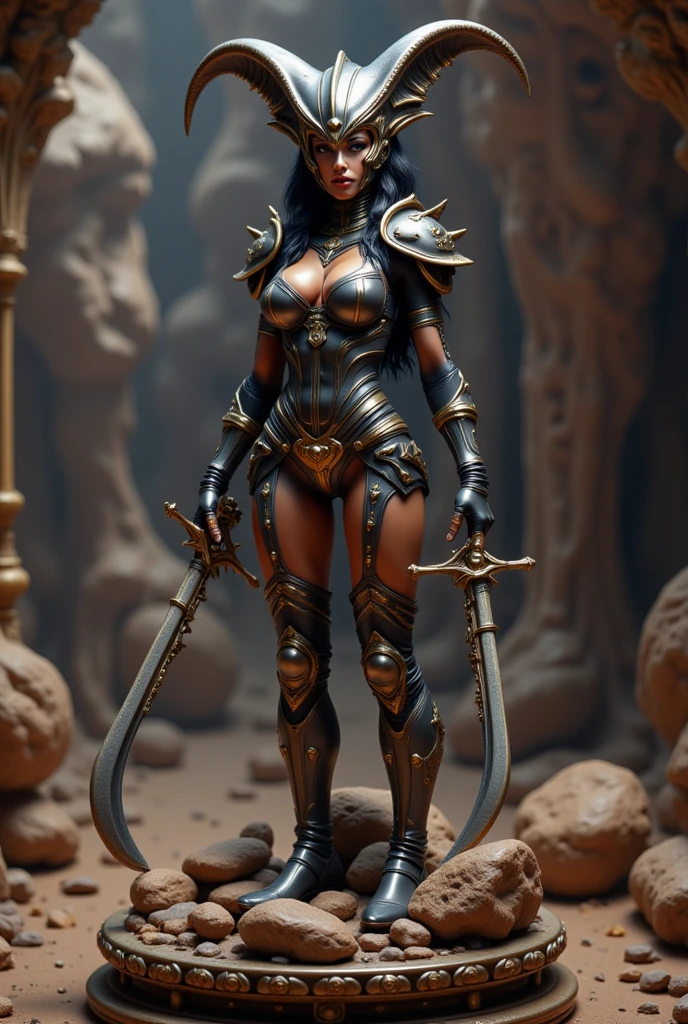 A bronze golem modeled after a female demon.　It has horns on both sides of its head　have sharp claws　The background is a room in a dungeon, UHD, retina, masterpiece, accurate, anatomically correct, textured skin, super detail, high details, high quality, award winning, best quality, highres