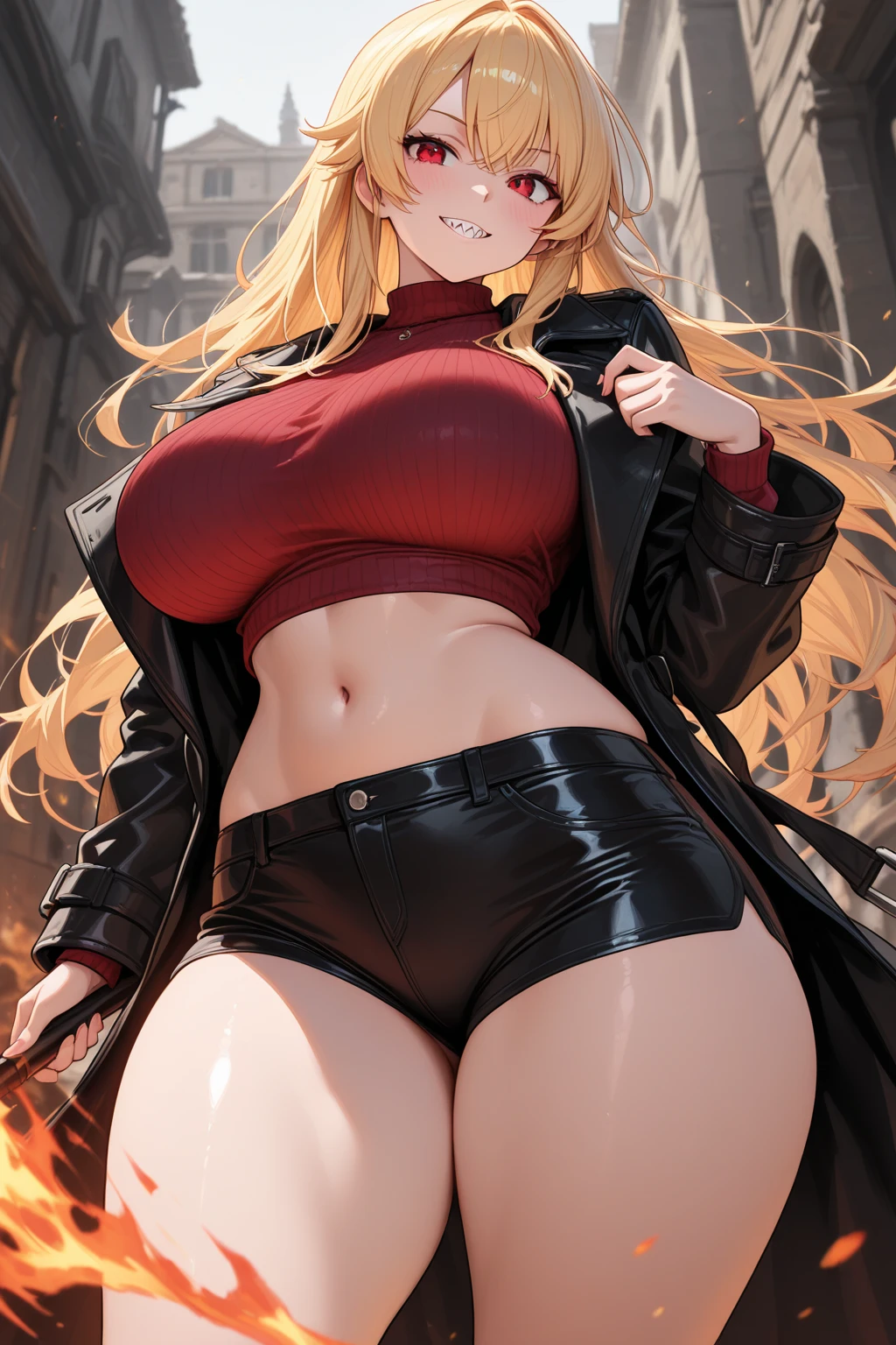 1female, (night), blush, large breasts, (bare breasts), black jacket, navel, outdoors, erotic pose, red lip, pretty face, elegant, masterpiece, ultra detail, crowds, choker, jewellery, blonde hair, eyeliner, nsfw