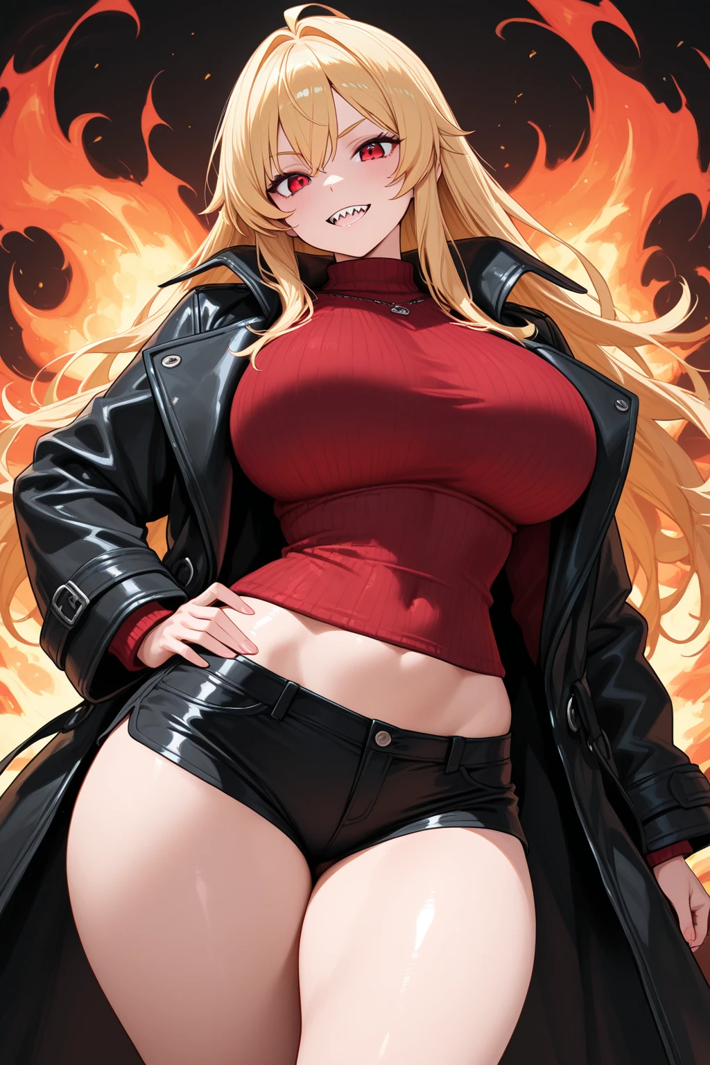 score_9, score_8_up, score_7_up, ASCII masterpiece, source_anime, BREAK, 1girl, solo, (( <lora:dorothea:1> , dorothea, short woman, very thin waist, thin hips, beautiful tanned skin, beautiful red hair, clear eyes, piercing orange eyes, bright pupils, beautiful eyes, small breast, beauty, extraordinary beautiful girl, attractive girl, super sexy girl, lustful body, sexy girl with seductive obscene body, sensual body, voluptuous body, hair between eyes, )) ,  (black shorts with belt, white thighhighs, transparent leotard, white hair ribbon,) ((Sleeveless Crop Top Halter Leather Lace-Up Hollow Vest,)) , ((black coat with white fur,)), crazy smile, explosion, fire, sexy pose, long red twintails,