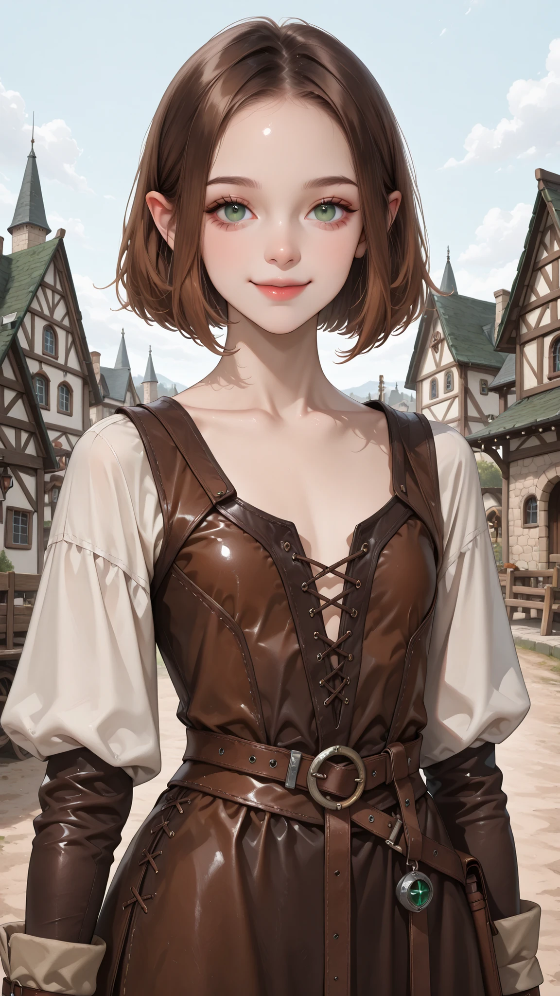 masterpiece, best quality, vibrant, very aesthetic, high contrast, (semi-realistic), photo, photo portrait, newest, koreanai, best_quality, finely_detailed_eyes_and_detailed_face, (1 girl), solo, halfling, bob_cut,no bangs, forehead exposed,(flat_chest), broad_shoulders, (slim_face),(petite:1.3), (short_girl:1.4), green_eyes,BREAK, fantasy_outfits, medieval dress, tunic, leather_dress, long_sleeves, smile, open_mouth, ,BREAK,(smlie:0.95), BREAK, fantasy, village, buildings, standing, daytime, BREAK, pretty,
,beautiful, (cowboy_shot), front_view, straight-on, looking_at_viewer, (brown_hair), short stature