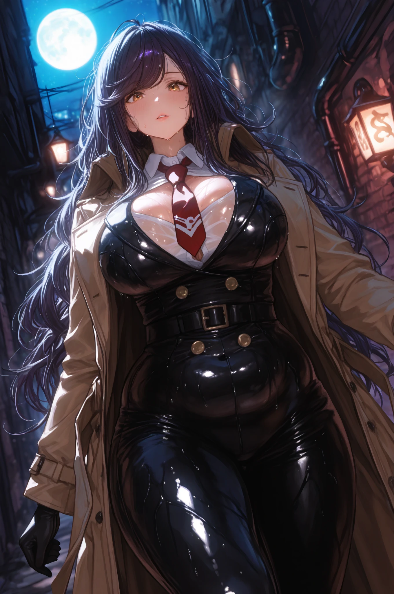 (best quality,High resolution,representative work:1.1),Extremely sexy and beautiful Korean woman,Colorful lights in KTV,(((tall figure,Small waist and hourglass figure,Perfect curve proportions))),(((Wearing a deep V slingshot one-piece swimsuit,lace,Flowing light trench coat,visible exposed skin,Showing thighs))),Big breasts highlight her cleavage,((Cracked crotch,Wide crotch triangle area,,Mons pubis enlargement and fullness)),With knee-high leather boots,Tie your hair into a stylish updo,show your neck,Beauty as seen by the eyes,face me,graceful standing posture,sweet smile,Mainly front view,Walking posture,Above the knee view,complete hand,beautiful fingers。