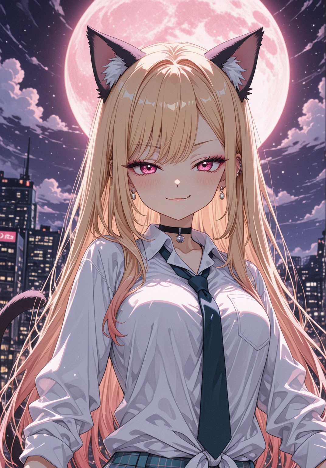 1girl,solo,animal_ear_fluff,animal_ears,upper_body,looking_at_viewer,bangs,twintails,blonde hair,very_long_hair,long_hair,blush,cat_ears,choker,breasts,medium_breasts,cleavage,collarbone,dress,hair_ribbon,black_dress,puffy_short_sleeves,puffy_sleeves,red_ribbon,ribbon,shooting_star,short_sleeves,sky,skyscraper,night_sky,star_\(sky\),starry_sky,night,full_moon,moon,city,building,cityscape,city_lights,