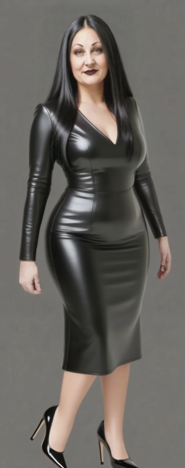 1girl,solo,medium breasts,outdoors,<lora:GoodHands-beta2:1>,(full body:1.3),(spread legs:1.1),standing, black,dress,shiny clothes,skin tight,<lora:0252 PU leather dress_v2:0.9>,, (masterpiece, best quality, hires, high resolution:1.2), (extremely detailed, realistic, intricate details, highres), 3d, cg, bbw, shiny skin, , blush,, eyeliner, eyeshadow, eyelashes,, (gigantic breasts, saggy breasts:1.1), (cinematic lighting, sunlight, volumetric), looking at viewer, , vintage fantasy, 1960s \(style\), film grain,
