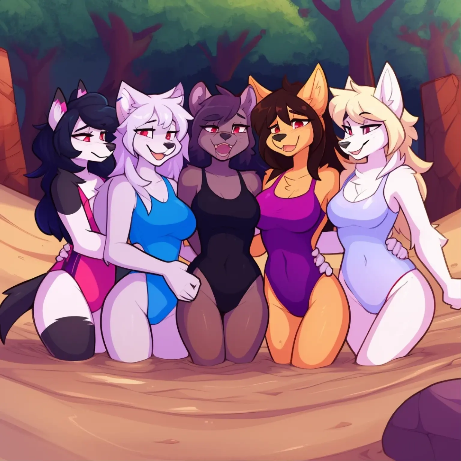 Mobian, furry, fur, tail, anthro female, female furry, detailed fur, best quality, HD, full body, cameltoe, 5girls, 5 girls in beach, multiple subjects, group, team, adult female, group shot, coyote girl, cocker spaniel girl, borzoi girl, jackal girl, wolf girl, furry, anthro, adult, adult breasts, breasts, sexy breasts, lesbian, yuri, group, multiple girls, wet, hot, standing, twintails, looking at viewer, front view, standing, long hair, bangs, standing, casual one-piece swimsuit, bikini, swimsuit, bang, cowboy shot, group shot, white one-piece swimsuit, clothing cutout, portrait, girls together, 5 girls covered in mud, sexy, full body, beach, sunset, curled hair, short hair, ponytails, braid
