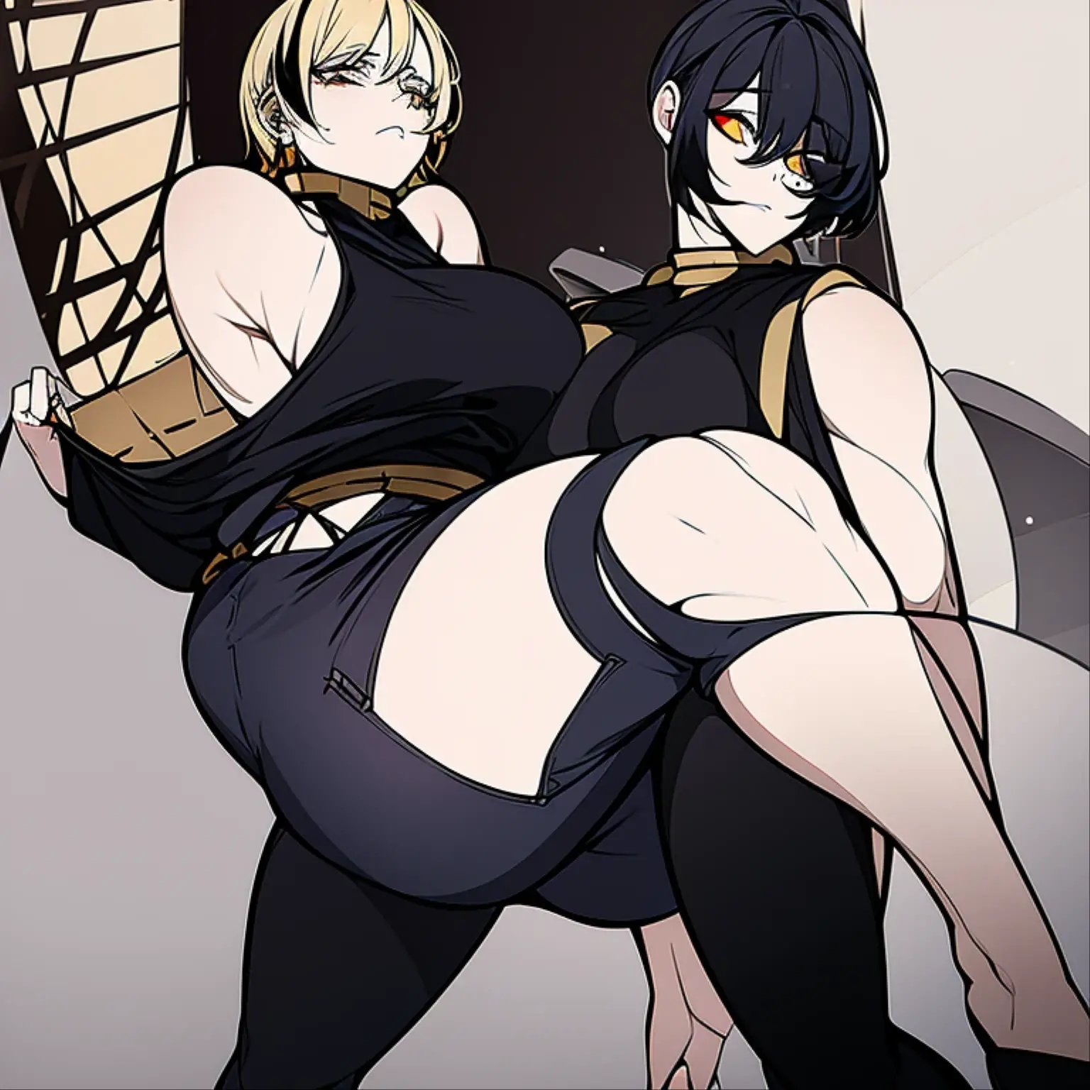 Serious face、(grinning:1.6)、(In 4K)、(High resolution:1.2)、(High freshness)、、(Whole Body Ezbian:1.2)、((short hair:1.2))、(Huge, perky, fake breasts:1.8)、Deep valley、(Two brave women with big fighting the devil:1.6))、Skin Dance、 (Firm chest:1.6)、(Orange eyes)、((tight competition swimwear:1.6))、(Perfect body:1.8)、Wide Hips, Thick thighs, Huge Ass、Skin dents、(barefoot:1.2)、(Great abs:1.4)、(Narrow waist:1.4)、(White Background)、(Black skin:1.4)、(Two women sit with their butts spread:1.6)、(Rear View:1.6)、, The chest is larger than the torso,Chest bulging like crazy, (Severely swollen buttocks:1.9), (Sticking your butt out:1.9),