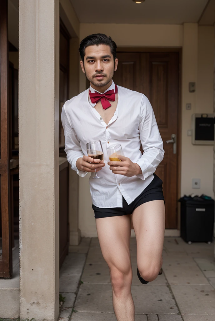 One handsome guy in underwear looking straight to the camera, holding a glass of wine