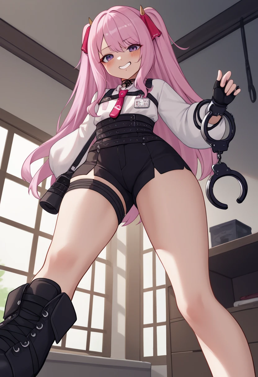 score_9, score_8_up, score_7_up, source_anime, BREAK 1girl, yunidef, purple eyes, pink hair, long hair, two side up, bangs, hair ornament, mole under mouth, white shirt, long sleeves, pink necktie, black choker, harness, nametag, multiple belts, high-waist shorts, black shorts, thigh strap, fingerless glove, single glove, indoors, long legs, pov, stepping, stepped on, black footwear, blush, evil grin, from below, smile, untied footwear, holding handcuffs, foot focus, looking at viewer, pov torso, foreshortening