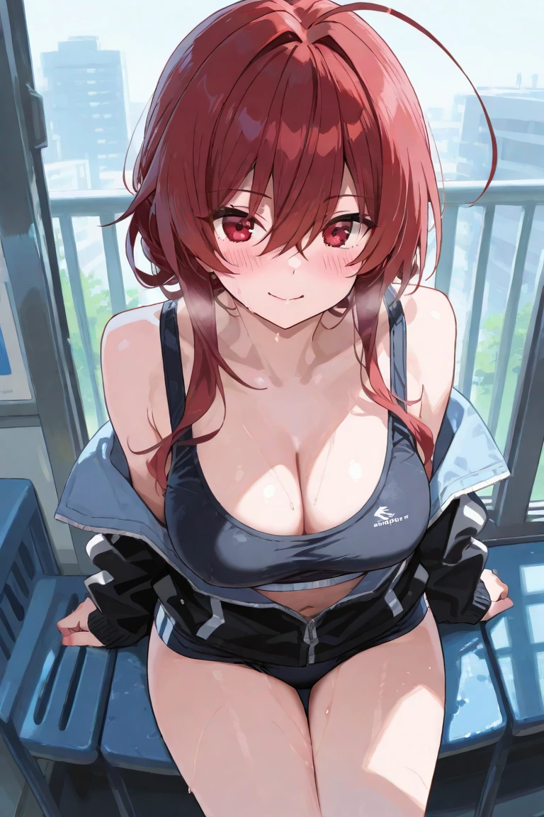 A downer-type female college student, red hair with two buns, red eyes, a white shirt that exposes her belly button, a thin red jacket that looks like it&#39;s for spring, a yellow tie, jeans and shorts, black socks that reach her calves, and black boots.