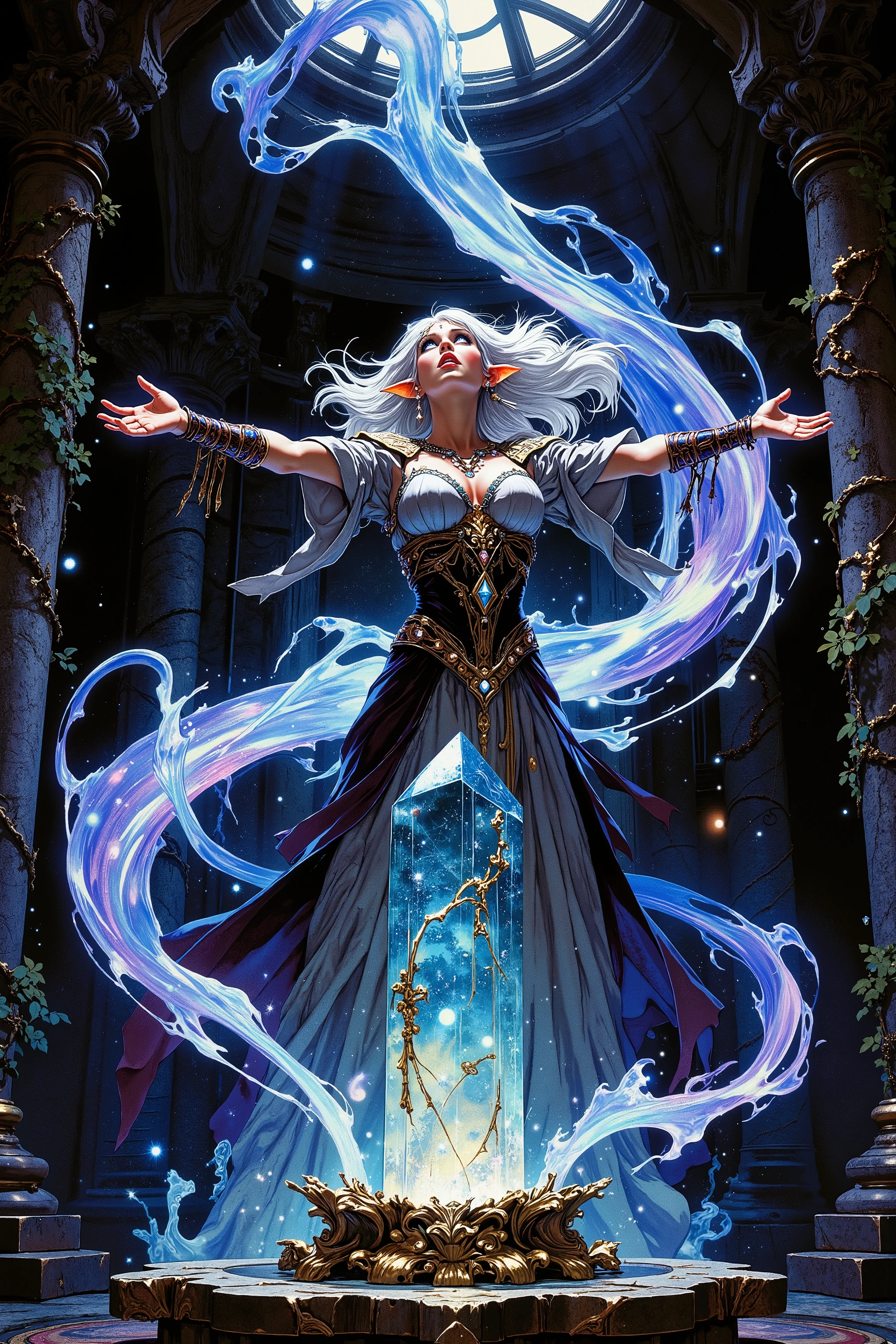 masterpiece art, Frank Frazetta art, beautiful woman, elf, full view, standing with arms out embracing swirling iridescent magic, (she is looking at the center of the magic, (the magic is swirling up from a giant crystal, the crystal is a centerpiece monument on the floor at the lower part of the composition, the crystal is set in gold strands wrapped around it at its base)), (her eyes are open wide, open lips, face has an expression of wonder), the magic light is illuminating her face and chest and creating most of the light in the compostion, (her hair is wind-blown by the energy coming from the magic), medium-length white pitch black hair only highlighted by the light sources creating stark contrast, detailed hair, light blue ringed eyes, large breasts, push-up cleavage, short-pointed elven ears, woven tiara, medieval style clothes, filigree, her clothes have long parts that are speading out from the force of the magic light, the background is very dark, it is an ancient elven temple with columns wrapped in vines, some dim moonlight shines onto the subject from a skylight above, diffuse lighting, cinematic lighting, chiaroscuro, sculpture lighting, intricate detail, semi-realism, very detailed, high quality, high resolution