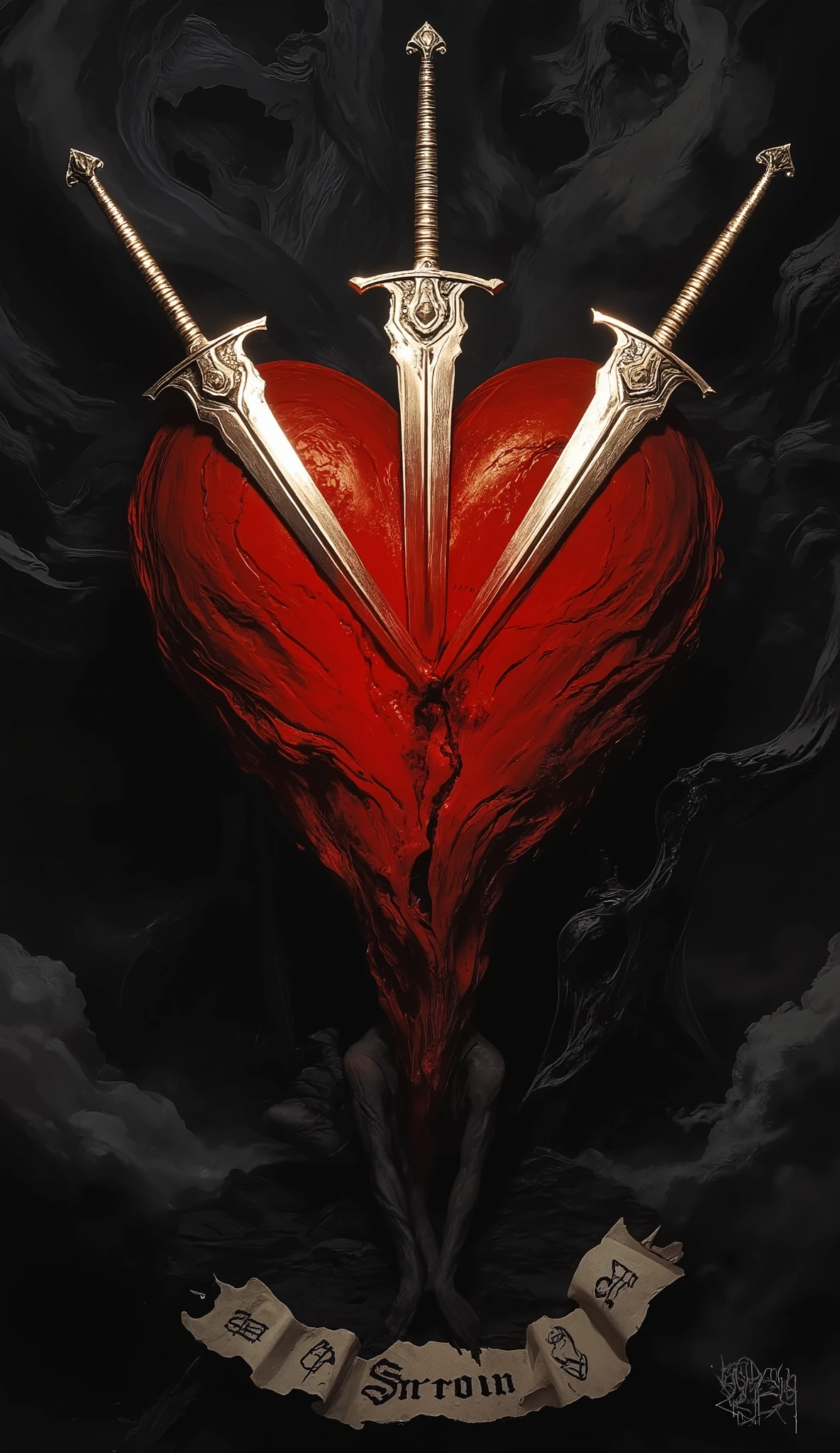 A haunting and evocative image centers on a large heart, rendered in deep crimson hues and pierced by three gleaming swords, each with intricately designed hilts reflecting the light. The heart's surface appears textured, almost velvety, lending a tactile quality to its depiction. Below the heart sits a lone figure, a woman crouched in a sorrowful pose, her skin predominantly obscured, evoking an intense sense of vulnerability and anguish. She is placed against a backdrop of grayscale clouds that swirl around, contributing to the somber and melancholic atmosphere. The lighting is dim, casting an ethereal glow that enhances the dramatic contrast between the vivid heart and the muted surroundings. Beneath this scene, the word "Sorrow" is subtly inscribed on a parchment-like banner, accompanied by mysterious symbols. The image speaks deeply to themes of heartache and emotional pain, through its choice of composition, color, and symbolism. there is a picture of a woman holding a heart with swords on it, broken heart, love and death, lovecratftian horror, broken hearted, by Artur Tarnowski, gothic harts, by Eugeniusz Zak, broken hearts, by Anna Füssli, by Ludwik Konarzewski