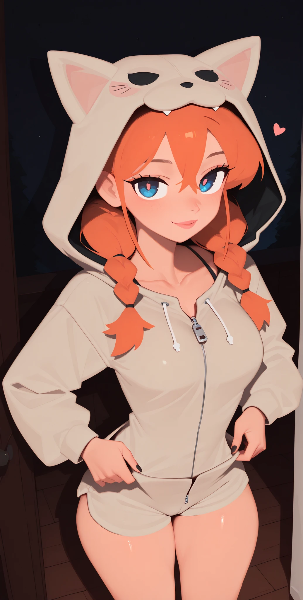 ((No lineart)), (adpx:1.2), night, dark room, (close-up face portrait),, dimly lit, cool color pallete, volumetric, shiny skin, 1girl, (petite), (slender), skindentations, hip_indentations, solo, orange hair, onesie pajamas, animal costume, cat onesie, long twin-tails, braided twintails, hood-up, eyelashes, blue eyes, (large and round ), slender, round , toned thighs, standing, adjusting clothing, bratty, playful, can ears hood, looking at viewer, close-up, face focus, overhead view, petite, best quality, amazing quality, very aesthetic, open clothing, absurdres, (loose and oversized clothing), masterpiece, black nails, simple background, bedroom background, dark room, at night, , round , dimly lit, standing, gaze, hearts, round , happy, zipper, intricate details, pink lips, eyelashes, realistic skin textures, shorts, exposed legs, unzipped hoodie, tanktop,