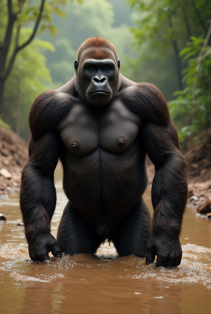 (RAW photo of a Neanderthals:1) , (hyper realistic:1.4), (Neanderthal man:1.4),(half gorilla mix :0.5),(big bulge:1.5), tall, bulky,hulk body, chubby belly, (very muscular:2), (hairy body:1.5),(detail face:1.1), tan skin, thick arms, (veiny arms:1.1), (bloated gut:1.5),(wearing underwear:1.1),(black thong:1.1), thick legs, rounded pecs, (big arms:1.1), veiny arms, dark brown skin, (alone in a zoo:1.1) ,(hunching down:1.1), on all fours, hdr, photorealistic masterpiece, cinematic, best quality, sharp focus,