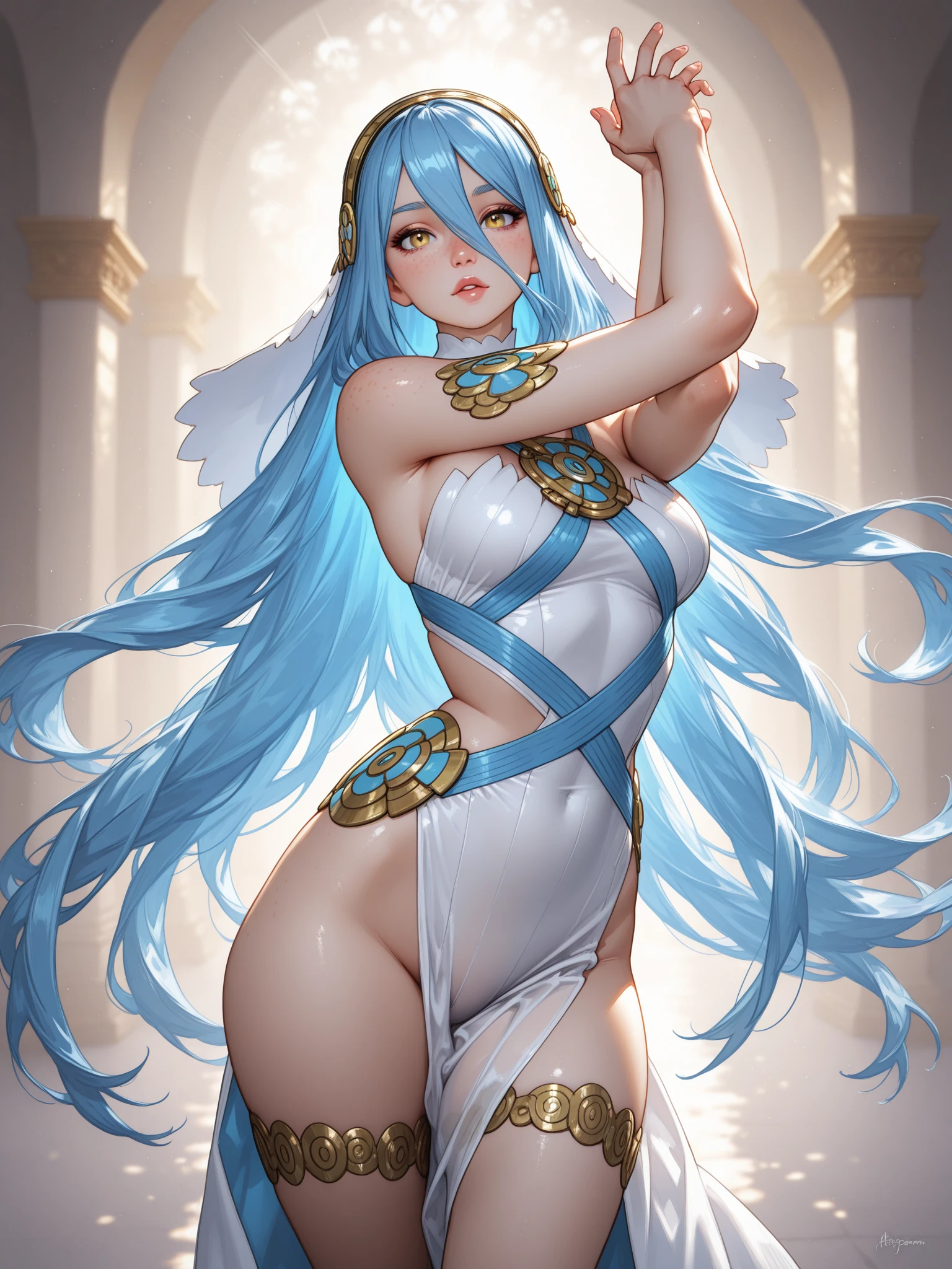 nsfw, masterpiece, Highest quality, Very detailed, score_9, score_8_upper, score_7_upper, score_6_upper, アニメ, aqua_(fire_Embrem_if), azura_(fire_Embremif), Low-tied_long_hair, light_blue_hair, Yellow Eyes, Asymmetrical legwear, barefoot, Opera Gloves, pendant, Single bare leg, White Dress, hair band, Long hair between the eyes, Gold Anklet, Veil, Beautiful Eyes, Perfect Face, Perfect hands, Perfect Fingers, Medium chest, Very beautiful long legs, Puffy nipples, Pussy juice, Sexual Ecstasy, trembling, foot focus, squatting, arms behind head, 