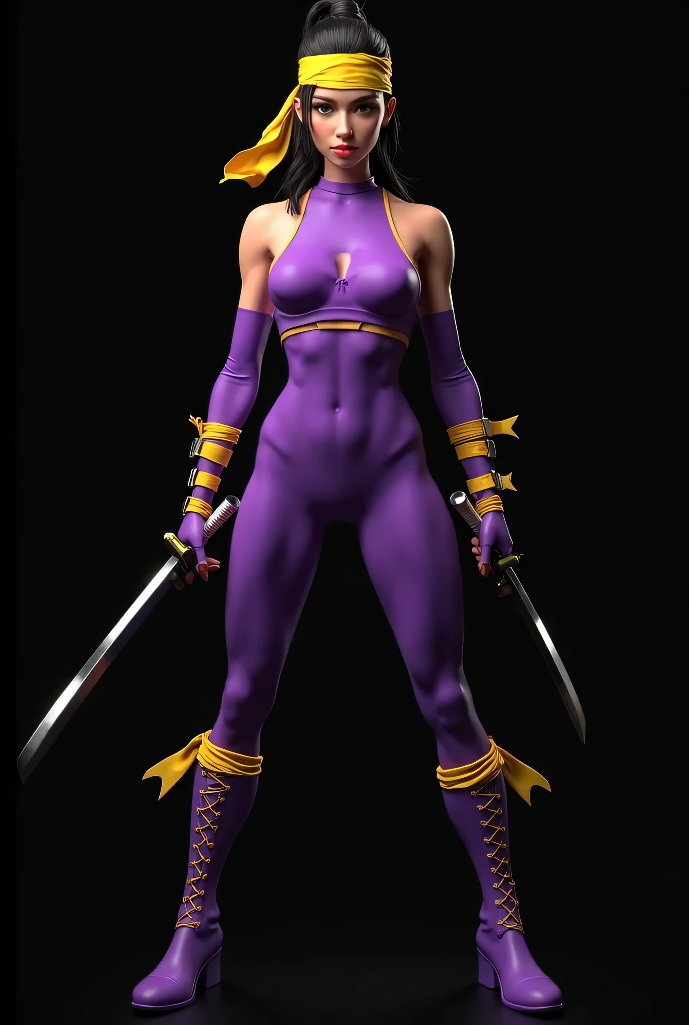 <lora:Psylocke_DG-v01:1> purple hair, long hair, bridal gauntlets, purple thigh boots, purple leotard, sash, belt, clean hands, empty hands,
standing in front of a (white background, white wall, shinny floor, white floor),
makeup, eye shadow, black eyelashes,
hourglass body,
cricular base, cilindrical stand,
professional photography, (8k, RAW photo, best quality, masterpiece), photo-realistic, highly detailed, professional lighting, sharp focus, intricate details, realistic, gorgeous,
looking at the viewer,
ultra realistic digital art,
a 3D render, photorealism, clean scene, <lora:P2p0:0.4> <lora:Sexy-Figures:1>