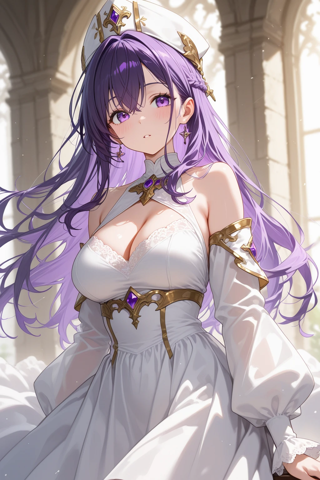 4K,High resolution,One Woman,Purple Hair,long hair,Blue Eyes,Big Breasts,Arabian Princess,White dancer's dress,Belly button,Princess Tiara,Jewelry decoration,Arabian palaces