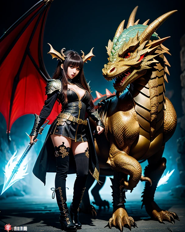 Professional , masterpiece、top-quality、photos realistic , depth of fields 、(Dragon Black Metal Body:1.9),(Mattretto、(cleavage of the breast)、Dragon Gold Weapon、(Micro Bikini Armor:1.4),Gorgeous gold weapons ,Particles of light、Particles of light、(( Dragon's dense and gorgeous sword)) , (demonic wings)、((a blond))、(Castle background)、Fight dragons、((Gangle's forest background))、Take intense poses、Beautiful Caucasian beauty、1a person、dynamic ungle,(((Detailed and ornate dragon helmet)))、Smaller head、A smile、Castle background、Thin and beautiful female hands、cleavage of the breast、Soldier in iron armor on background、Mystical expression、Light Effects、intense fighting、Wind-effect、magic circles、With the legendary magic wand、Dragon's tail、explosions、