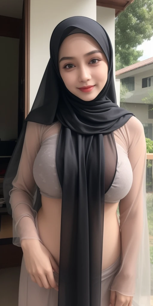 wearing hijab, Masterpiece, masterpiece, beautiful masterpiece, hijab, very beautiful masterpiece, femme, masterpiece work of art , Great lighting, high definition, detailed, intricate, ultra detailed, ultra highres, wearing transparent jilbab, best quality, transparent jilbab, transparent hijab, slender waist, (Giga Breasts:2.0), hourglass body, naked breasts, wearing glasses, flat abdomen, wearing seethrough dress, hijabvt,