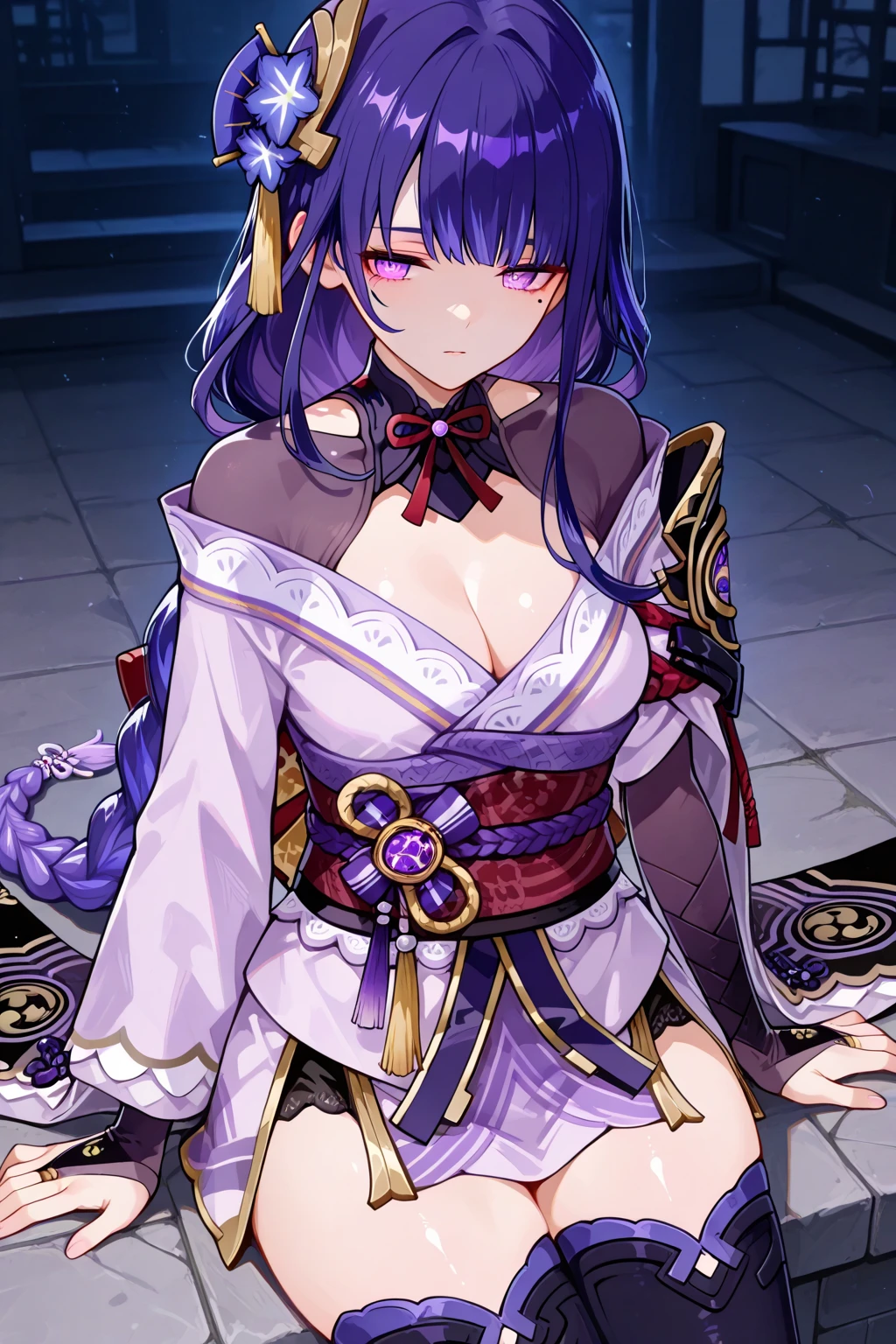 Reality, high resolution, 1 girl, White long hair, beautiful eyes, (((Full breasts,)))(((Large Breasts))) (((Cleavage))),, Raiden General costume